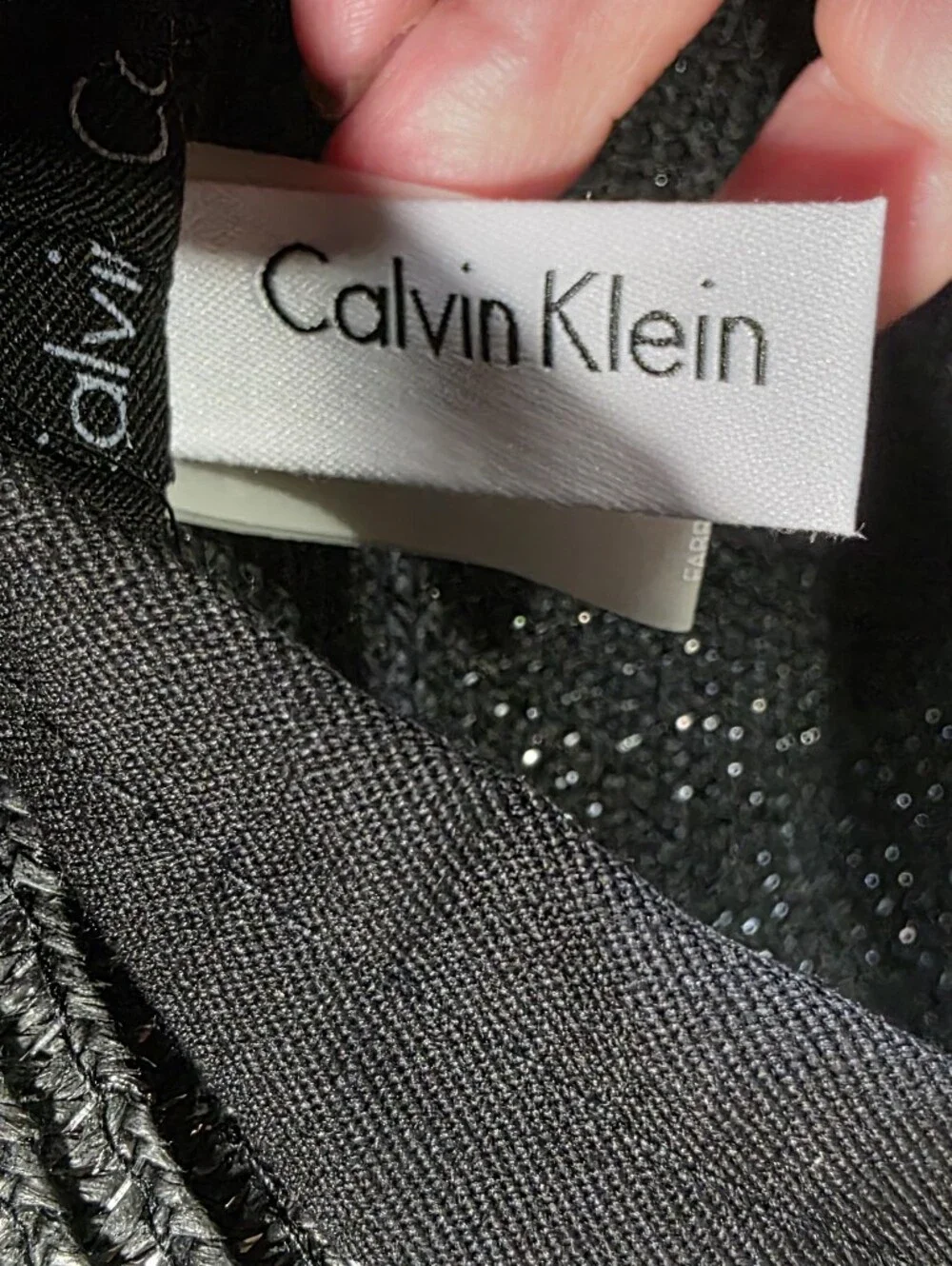 Calvin Klein Black Sparkle Straw Floppy Sun Hat Wide Brim Beach
